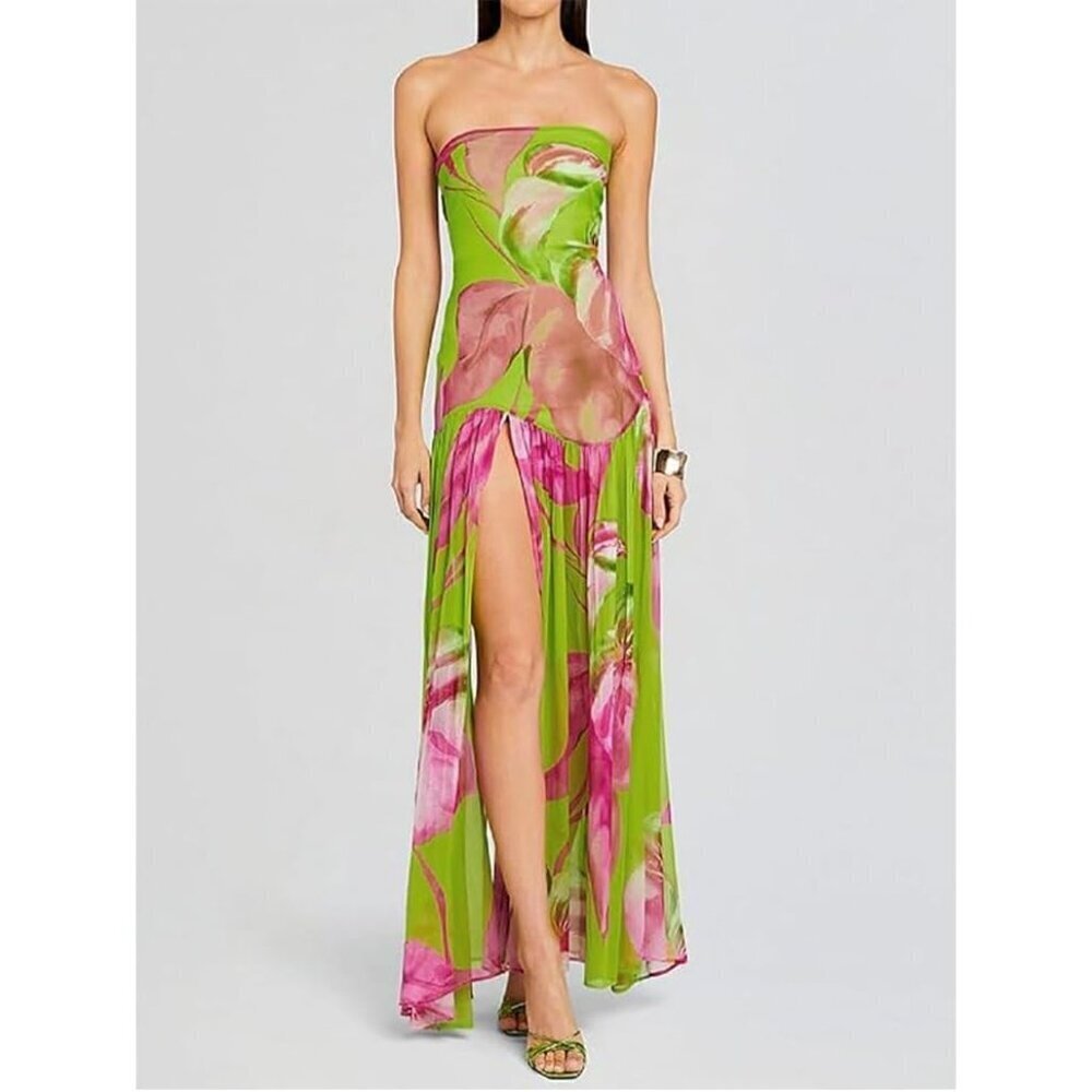 🆕Women's Strapless Tube Top Tiger Stripe Green Maxi Dress Sexy High Party Dress - Picture 4 of 4